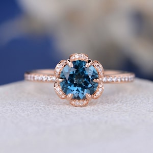 Unique London Blue Topaz Engagement Ring Vintage Rose Gold Wedding Ring Women Flower Halo Diamond Ring Birthstone Topaz Jewelry image 1