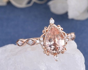 Unique Pear Shaped Morganite Engagement Ring Rose Gold Moissanite Ring Pink Morganite Ring Vine Floral Ring Vintage Halo Anniversary