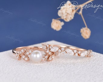 Vintage Pearl Engagement Ring Set Rose Gold Marquise Moissanite Wedding Band Leaf Floral Ring Art Deco Bridal Set Akoya Pearl Vine Ring
