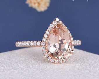 2ct Morganite Engagement Ring Rose Gold Natural Diamond Halo Pear Shaped Morganite Ring Antique Women Pear Cut Bridal Ring Anniversary Gift