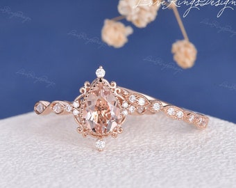 Unique Pear Shaped Morganite Enagement Ring Set Vine Ring Rose Gold Moissanite Bridal Set Peach Morganite Ring Set Gift For Her Art Deco