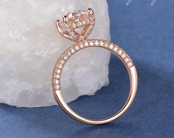 2ct Moissanite Engagement Ring Oval Hidden Halo Three Sided Ring Solitaire Rose Gold Wedding Ring Paved Ring Unique Brilliant Ring For Women