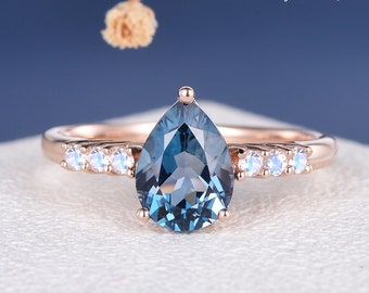 Pear Shaped Unique London Blue Topaz Engagement Ring Rose Gold Moonstone Engagement Ring Moonstone Ring Solitaire Wedding Ring Women