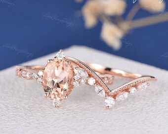 Oval Morganite Engagement Ring Set Unique Bridal Set 2PCS Rose Gold Moissanite Wedding Band Cluster Ring Art Deco Wedding Ring Set Stacking