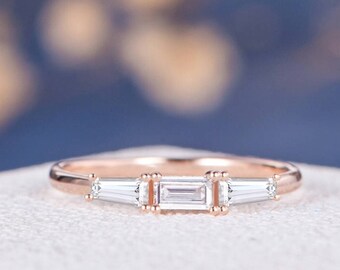 Diamond Baguette Engagement Ring Rose Gold Three Stone Stacking Ring Tapered Baguette Wedding Band Women Dainty Ring Vintage Geometric Ring