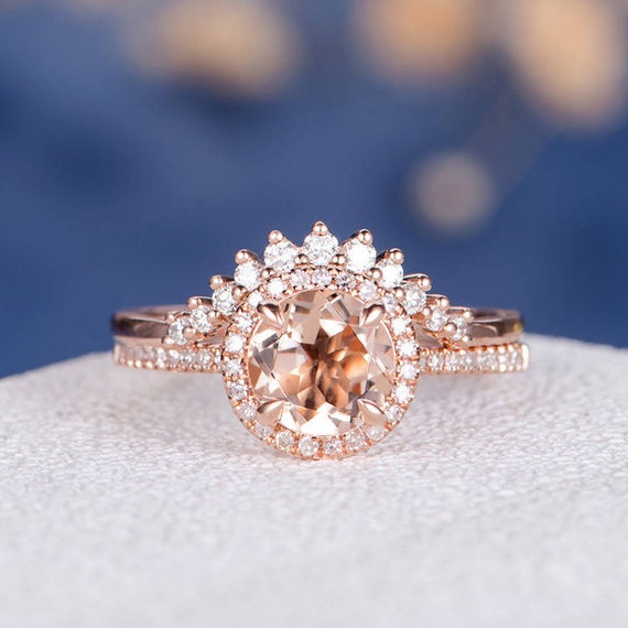Rose Gold Engagement Ring Morganite Ring Chevron Wedding Band | Etsy
