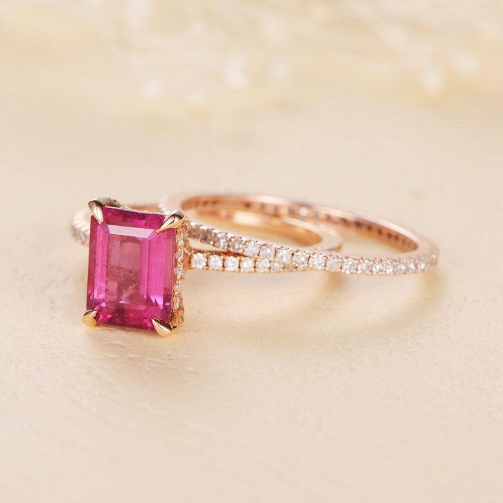 Wedding Ring Set Unique Emerald Cut Pink Tourmaline Engagement Etsy