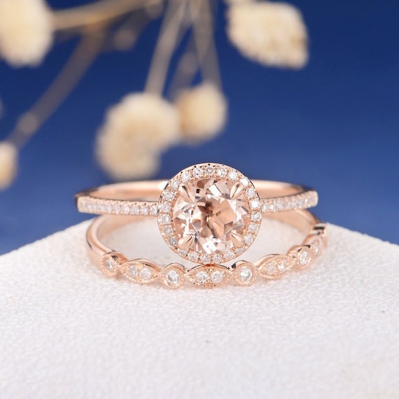 Morganite Ring Set Rose Gold Engagement Ring Diamond Halo | Etsy