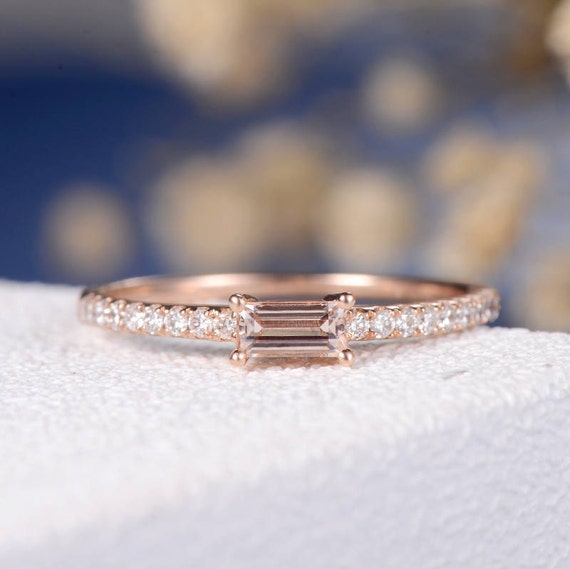 Anillo de compromiso Baguette Alianza de boda Minimalista Oro rosa Anillo de morganita delicado Mujeres Nupcial Morganita Banda Apilamiento Diamante Regalo fino Etsy Mexico