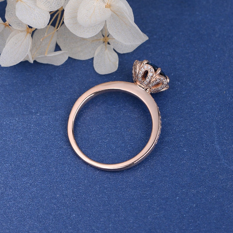 Unique London Blue Topaz Engagement Ring Vintage Rose Gold Wedding Ring Women Flower Halo Diamond Ring Birthstone Topaz Jewelry image 8