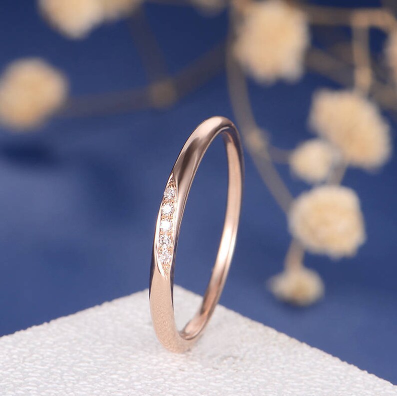 Wedding Band Diamond Wedding Ring Rose Gold Tiny Anniversary Minimalist Pave Engraving Matching Simple Bridal Stacking Ring Thin Gold Band