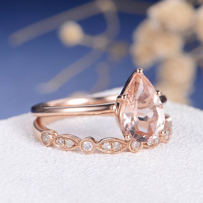 Pear Cut Engagement Ring Rose Gold Art Deco Wedding Band | Etsy