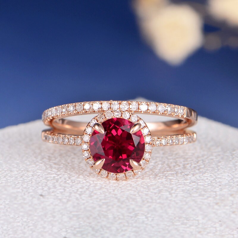 Lab Ruby Bridal Set Lab Ruby Engagement Ring Rose Gold Natural Etsy