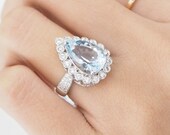 Aquamarine Engagement Ring Wedding Pear Shaped Promise March Birthstone Unique Halo Diamond White Gold Anniversary Cocktail Gemstone
