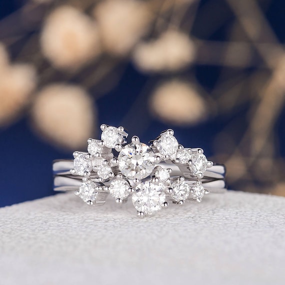 Diamond Cluster Ring White Gold Floral Unique Wedding Band Snowflake Twig Engagement Ring Dainty Flower Anniversary Promise Her Gift 2pcs Etsy