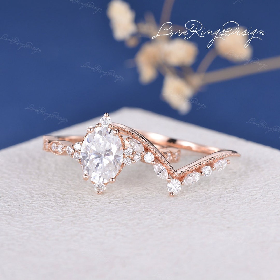 Unique Bridal Set Moissanite Engagement Ring Set Rose Gold Marquise