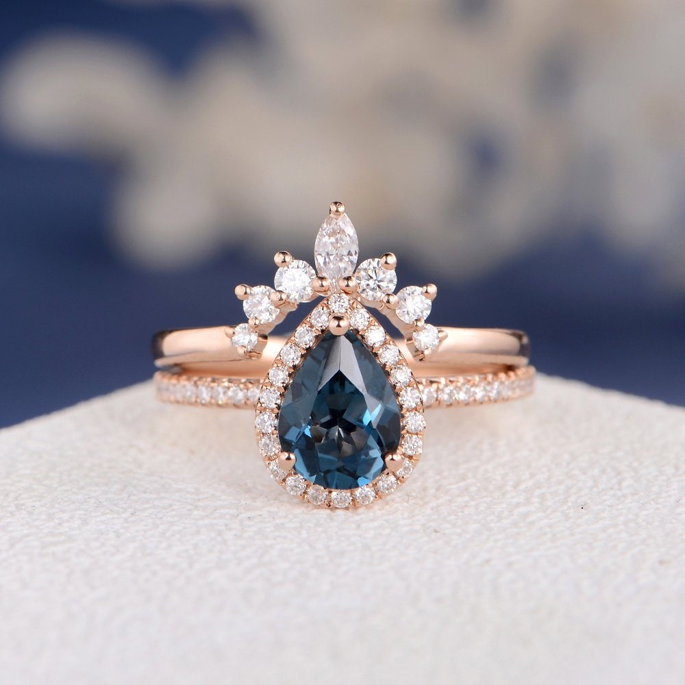 Rose Gold Bridal Set London Blue Topaz Ring Diamond Pear | Etsy