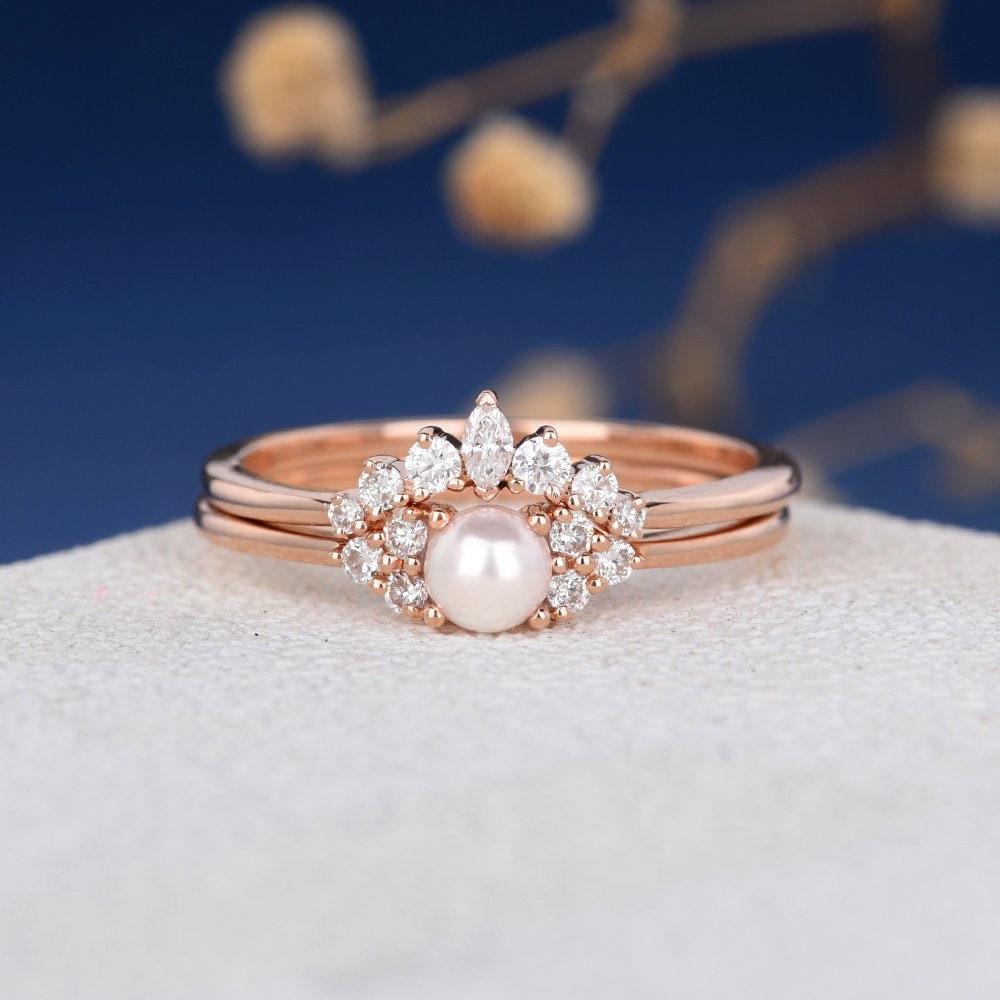 Pearl Engagement Ring Set Rose Gold 