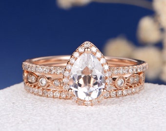 Rose Gold bridal Set White Topaz Engagement Ring Pear Shaped Wedding Ring Art Deco Diamond Wedding Band Women Antique Stacking Unique 3pcs