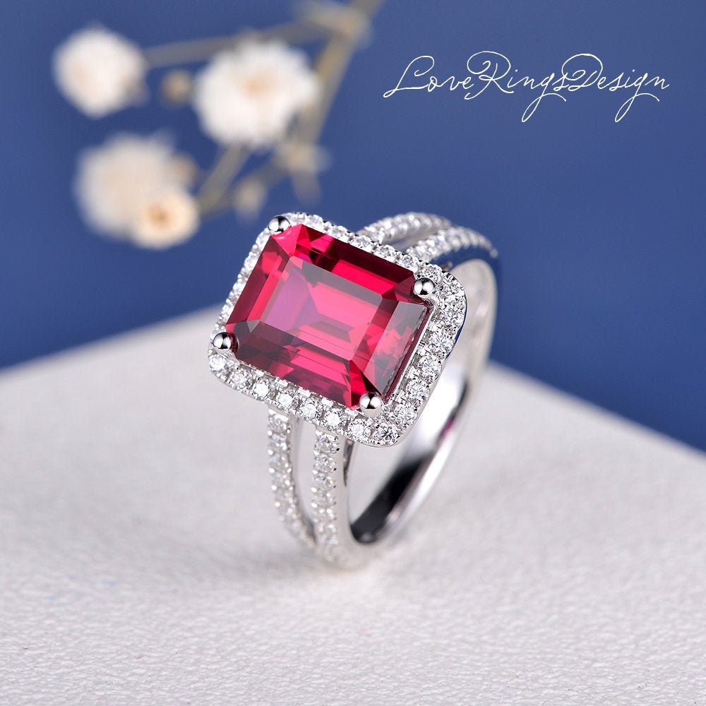 14K White Gold Three Stone Trillion Shaped Ruby Engagement Ring