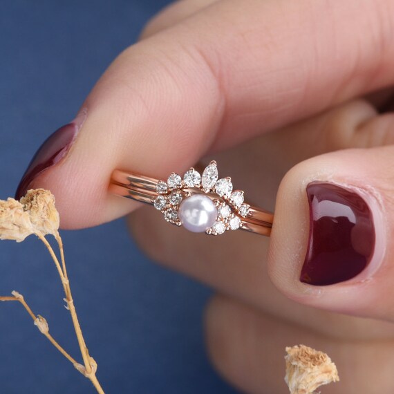 Pearl Engagement Ring Set Rose Gold 