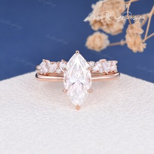 Unique Marquise Moissanite Engagement Ring Set White Gold Bridal Set 2PCS Cluster Wedding Band Women Hidden Halo Solitaire Wedding Ring image 7