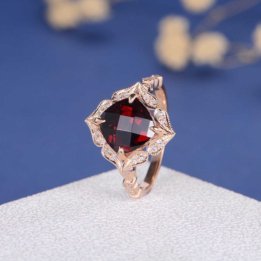 Black Engagement Ring Rose Gold Art Deco Cushion Cut Etsy