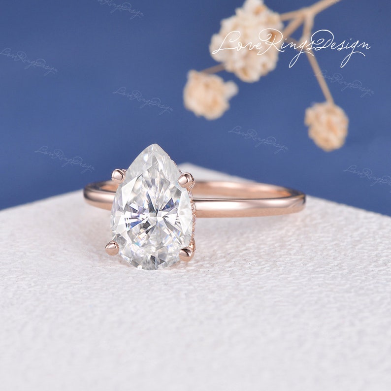 1.5/2/3ct Pear Shaped Moissanite Engagement Ring Hidden Halo Ring Rose Gold Solitaire Wedding Ring Stackable ring Minimalist Promise Ring image 2