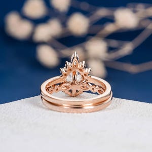 Unique Moissanite Engagement Ring Set Rose Gold Marquise Diamond Art Deco Band Oval Cut Bridal Wedding Antique Promise Women Anniversary 2pc image 5