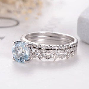 Birthstone White Gold Bridal Set Aquamarine Engagement Ring - Etsy