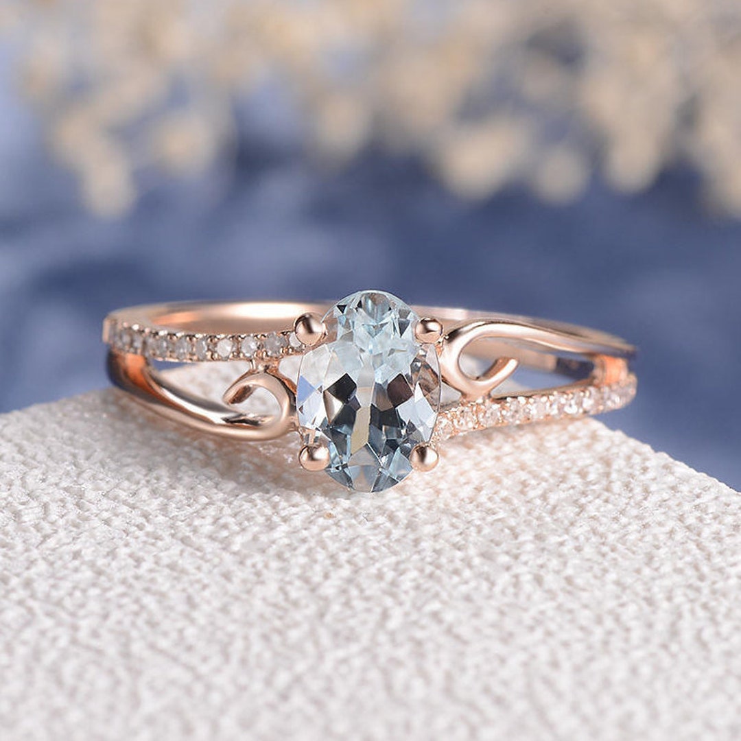 Engagement Ring Rose Gold Women Oval Aquamarine Ring Antique - Etsy