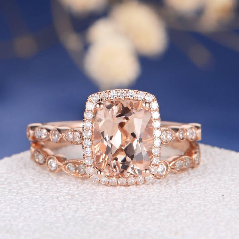 Antique Morganite Bridal Set Elongated Cushion Cut Engagement Etsy