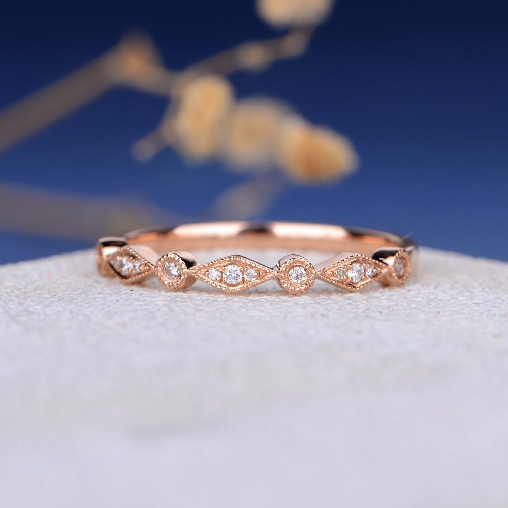 Unique Stacking Wedding Band Women Art Deco Rose Gold Band Etsy