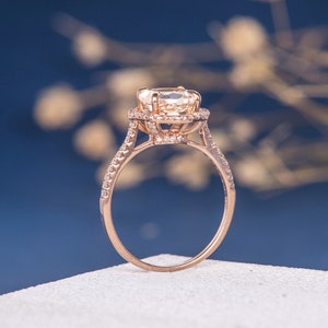 Morganite Engagement Ring 8mm Peachy Morganite Ring Unique Diamond Ring Setting Rose Gold Engagement Ring Halo For Woman Gift Anniversary image 1
