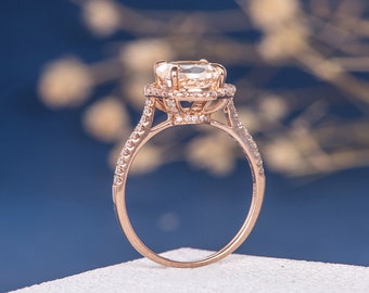 Morganite Engagement Ring 8mm Peachy Morganite Ring Unique Diamond Ring Setting Rose Gold Engagement Ring Halo For Woman Gift Anniversary