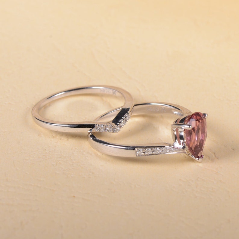 Pear Shaped Engagement Ring Wedding Ring Set Pink Tourmaline Engagement Ring Micro Pave Diamond White Gold Eternity Band Chevron Birthstone image 4