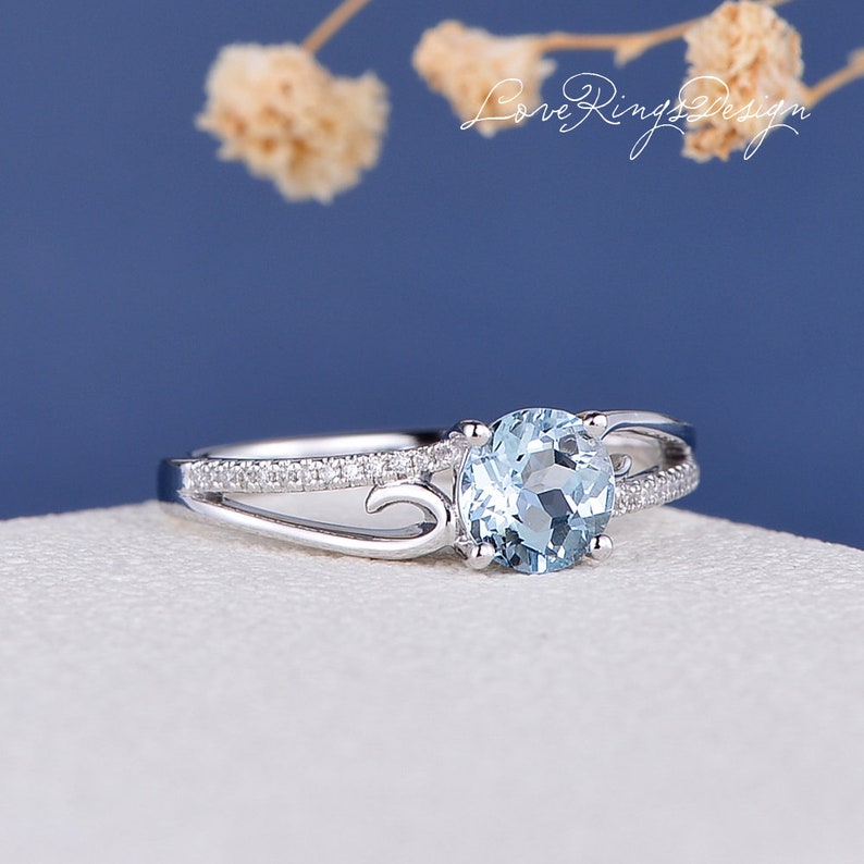 Aquamarine Engagement Ring Vine Twist White Gold Butterfly Leaf Twig Ring Unique Curve Diamond Anniversary Flower Women March Birthstone image 4