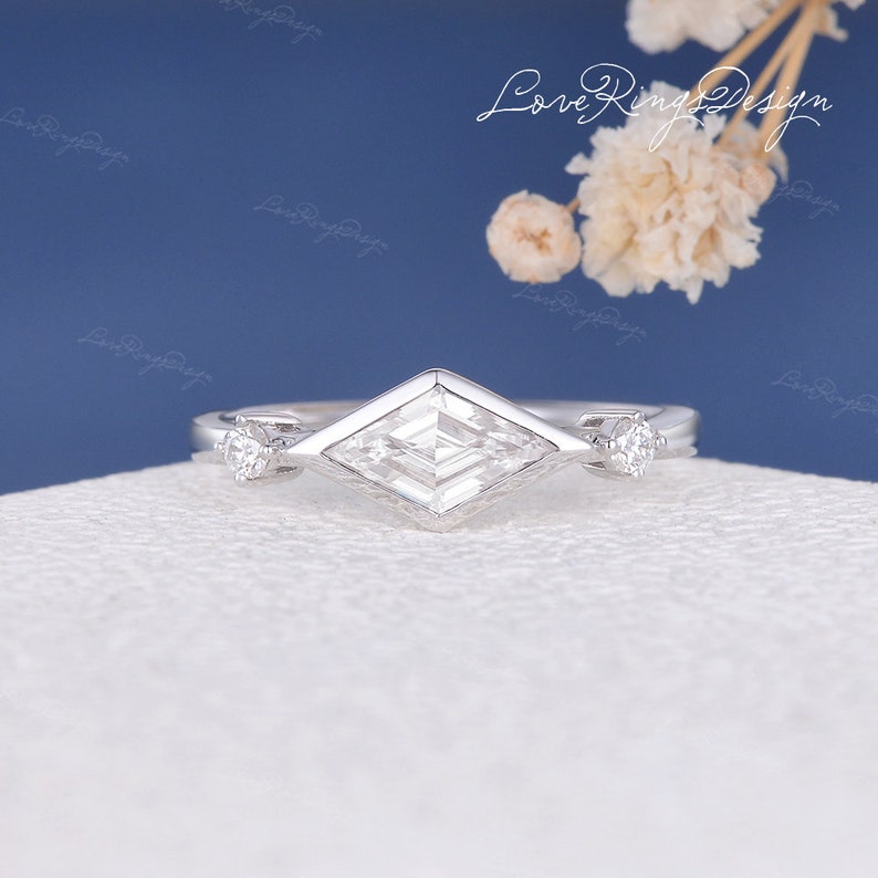 Unique Kite Cut Engagement Ring Moissanite Ring White Gold Minimalist Wedding Band Women Vintage Moissanite Ring Anniversary Gift for her image 2