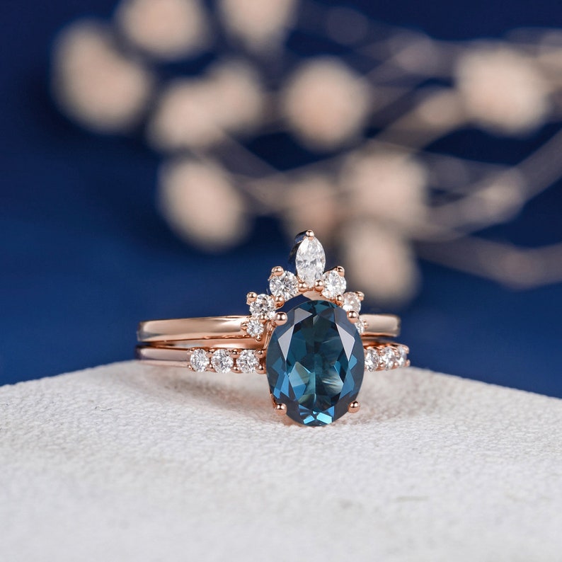 Rose Gold Engagement Ring Set London Blue Topaz Ring Diamond - Etsy