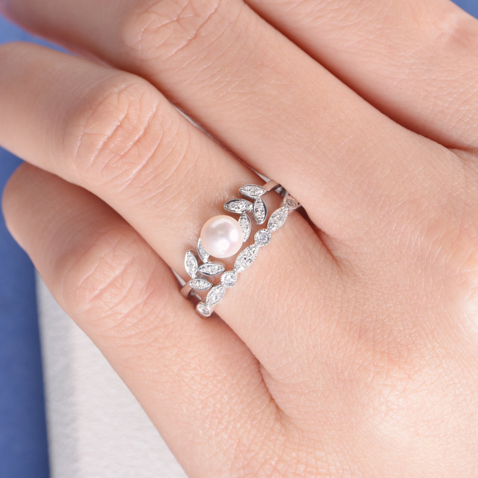 Pearl Rose Gold Engagement Ring Set Flower Bridal Ring Diamond Etsy