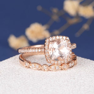 Cushion Cut Morganite Engagement Ring Set Rose Gold Halo | Etsy