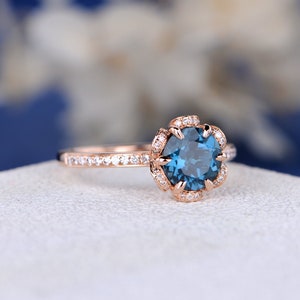 Unique London Blue Topaz Engagement Ring Vintage Rose Gold Wedding Ring Women Flower Halo Diamond Ring Birthstone Topaz Jewelry image 4