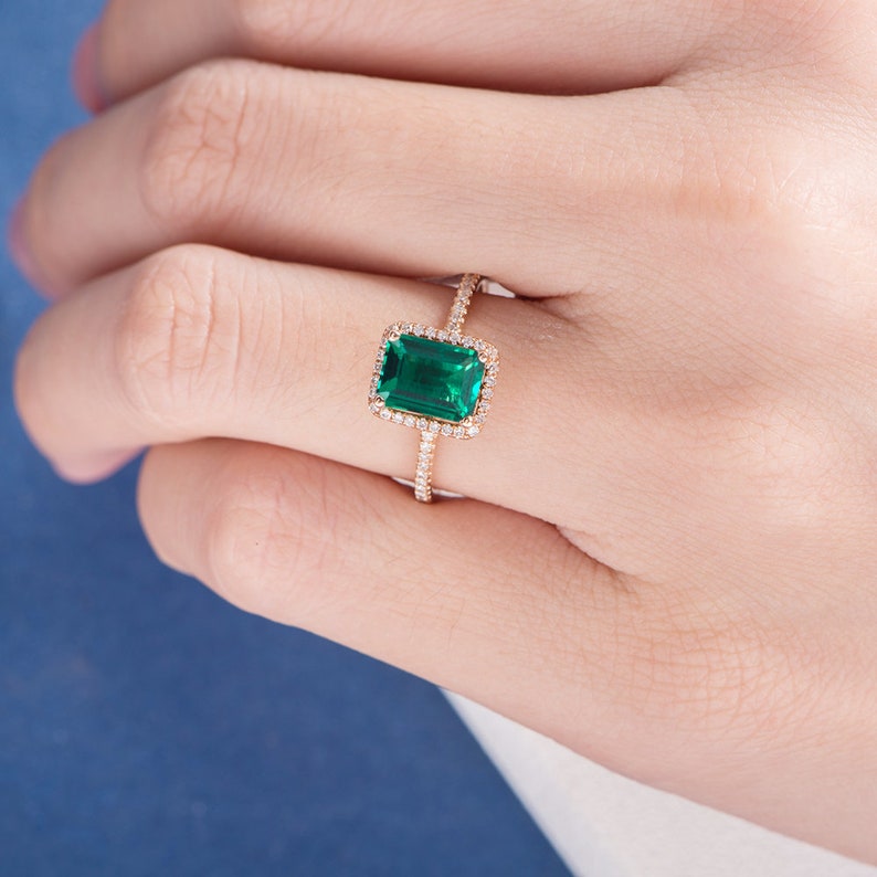 Lab Emerald Engagement Ring Emerald Cut Emerald Wedding Ring Etsy