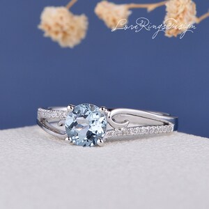 Aquamarine Engagement Ring Vine Twist White Gold Butterfly Leaf Twig Ring Unique Curve Diamond Anniversary Flower Women March Birthstone image 3