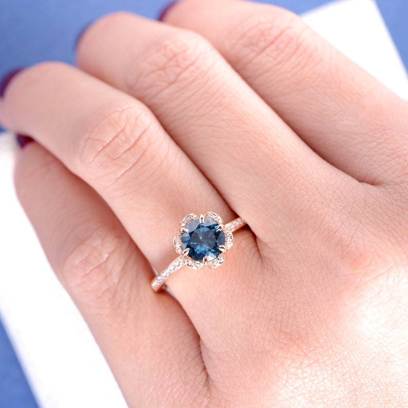 Unique London Blue Topaz Engagement Ring Vintage Rose Gold Wedding Ring Women Flower Halo Diamond Ring Birthstone Topaz Jewelry image 7