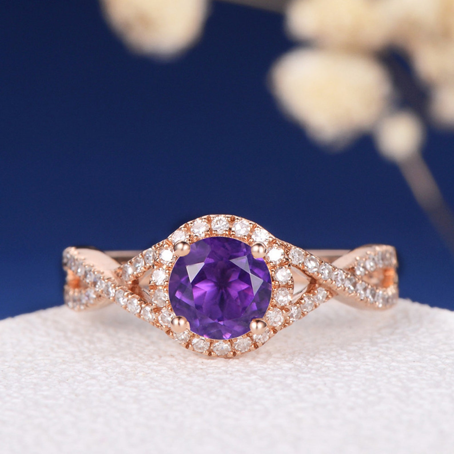 Birthstone Engagement Ring Rose Gold Amethyst Ring Antique Etsy