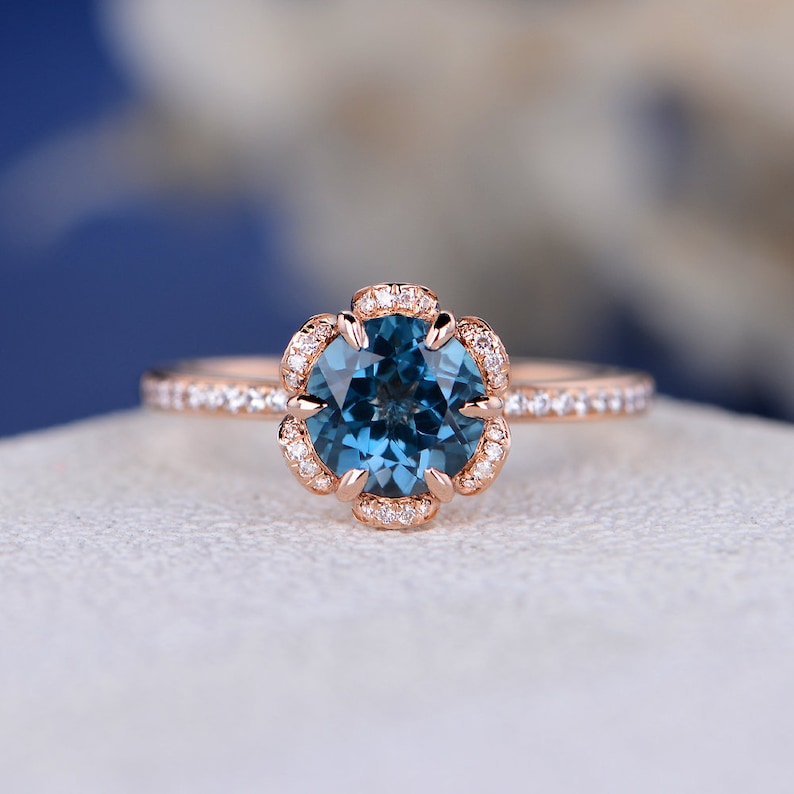 Unique London Blue Topaz Engagement Ring Vintage Rose Gold Wedding Ring Women Flower Halo Diamond Ring Birthstone Topaz Jewelry image 1