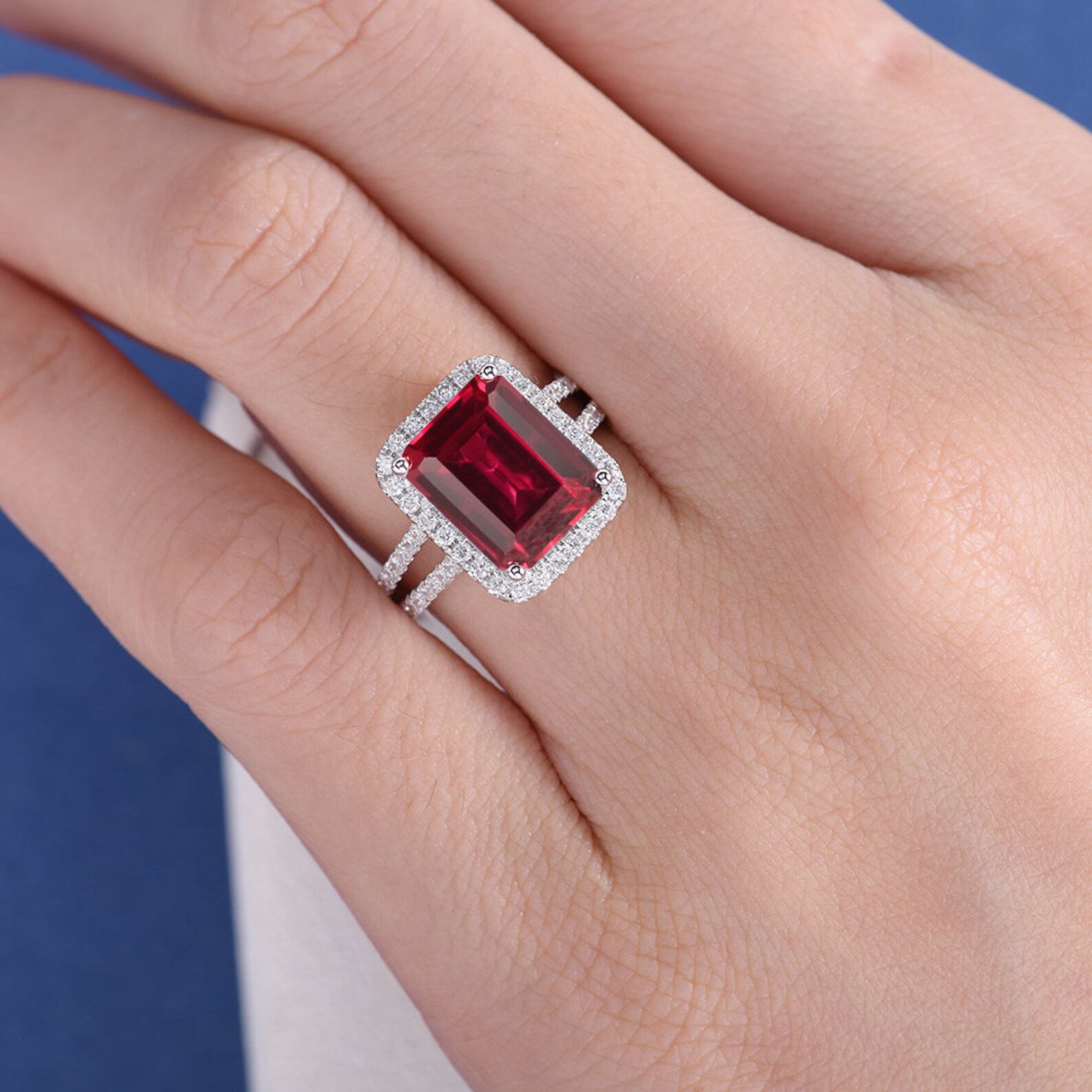 Lab Ruby Engagement Ring Emerald Cut Engagement Ring Ruby Ring Etsy