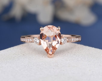 2ct Pear Cut Peach Morganite Engagement Ring 14k Rose Gold Finish Halo V Shape