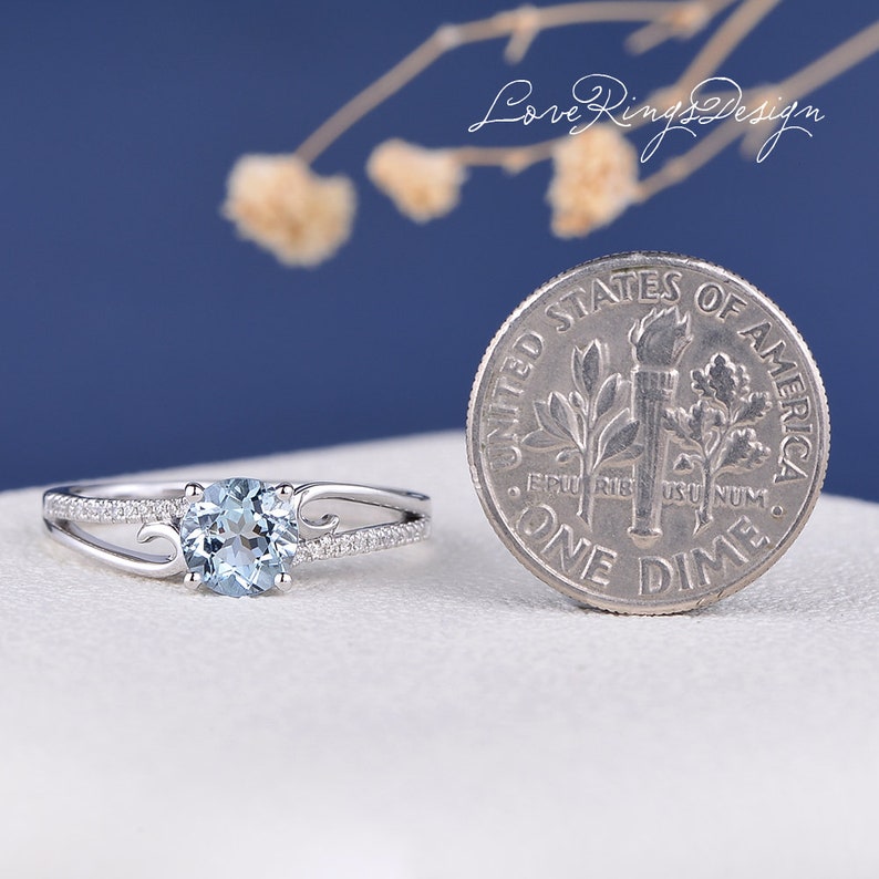 Aquamarine Engagement Ring Vine Twist White Gold Butterfly Leaf Twig Ring Unique Curve Diamond Anniversary Flower Women March Birthstone image 6